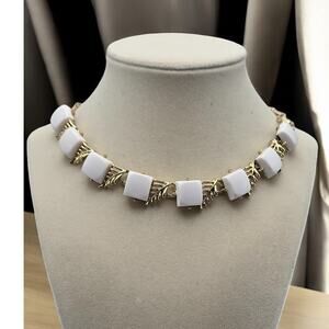 Coro Gold Leaf Thermoset Necklace White Opalescent Vintage Mid Century Classic
